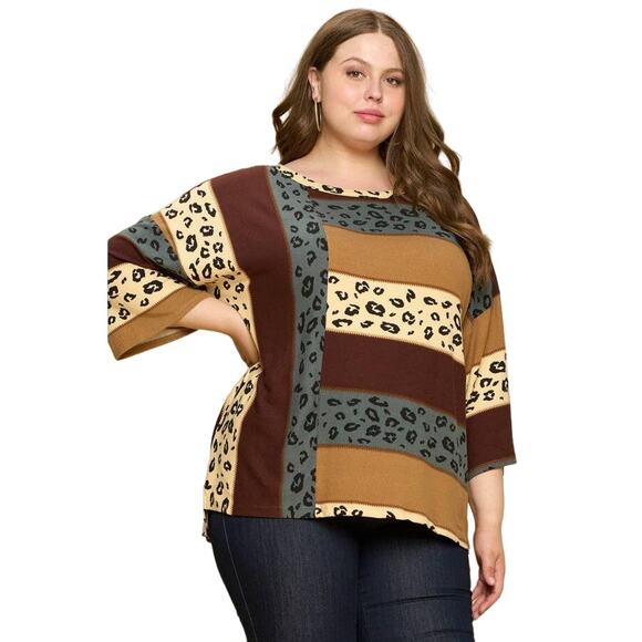 Oddy Pullover Top Size M/L Brown Leopard Colorblock Knit 3/4 Sleeve Teacher - Picture 2 of 11